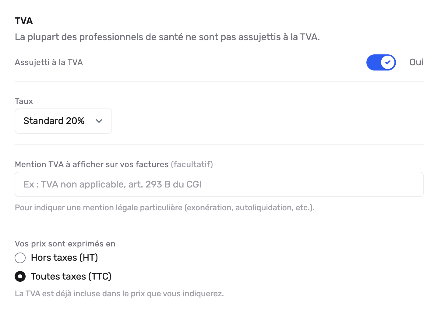 Réglages TVA : pays, taux, inclusive/exclusive