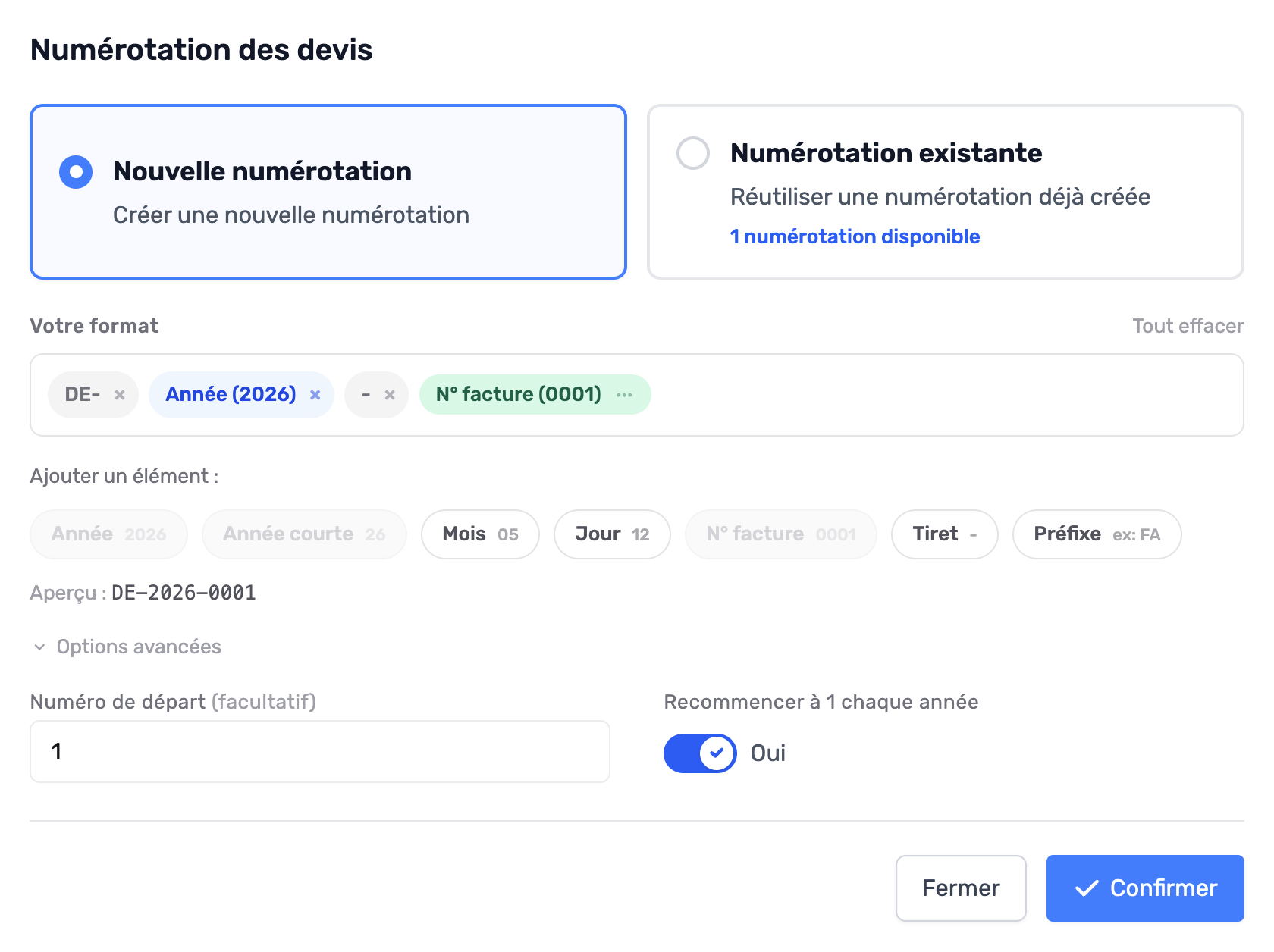 Format de numérotation des devis