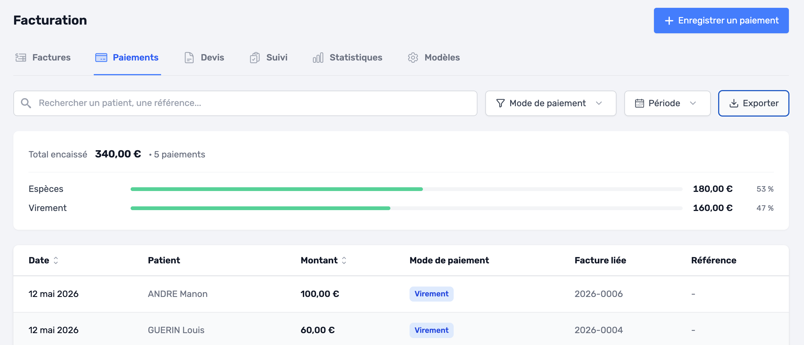 Bouton Exporter les paiements