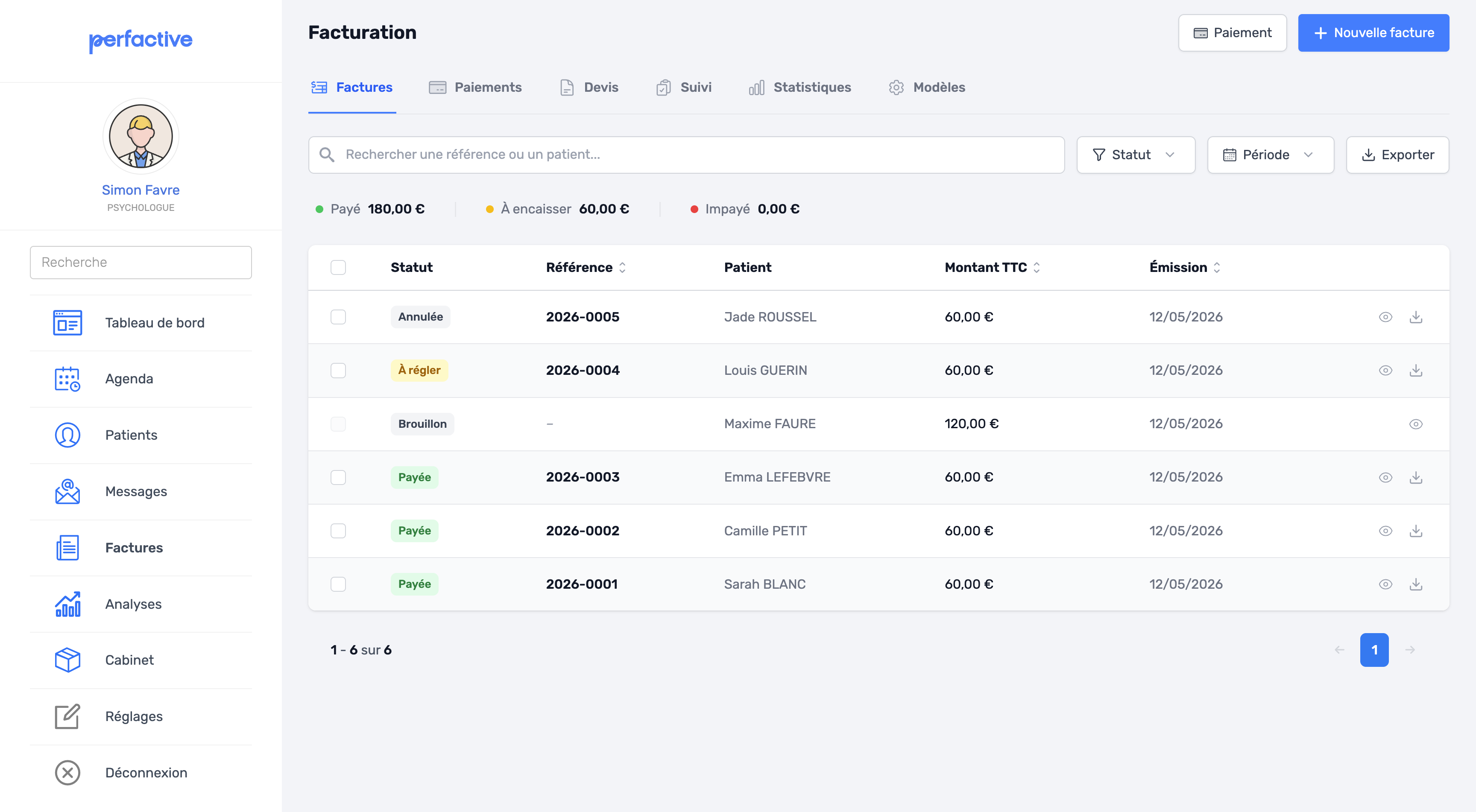 Liste de factures avec badges de statut