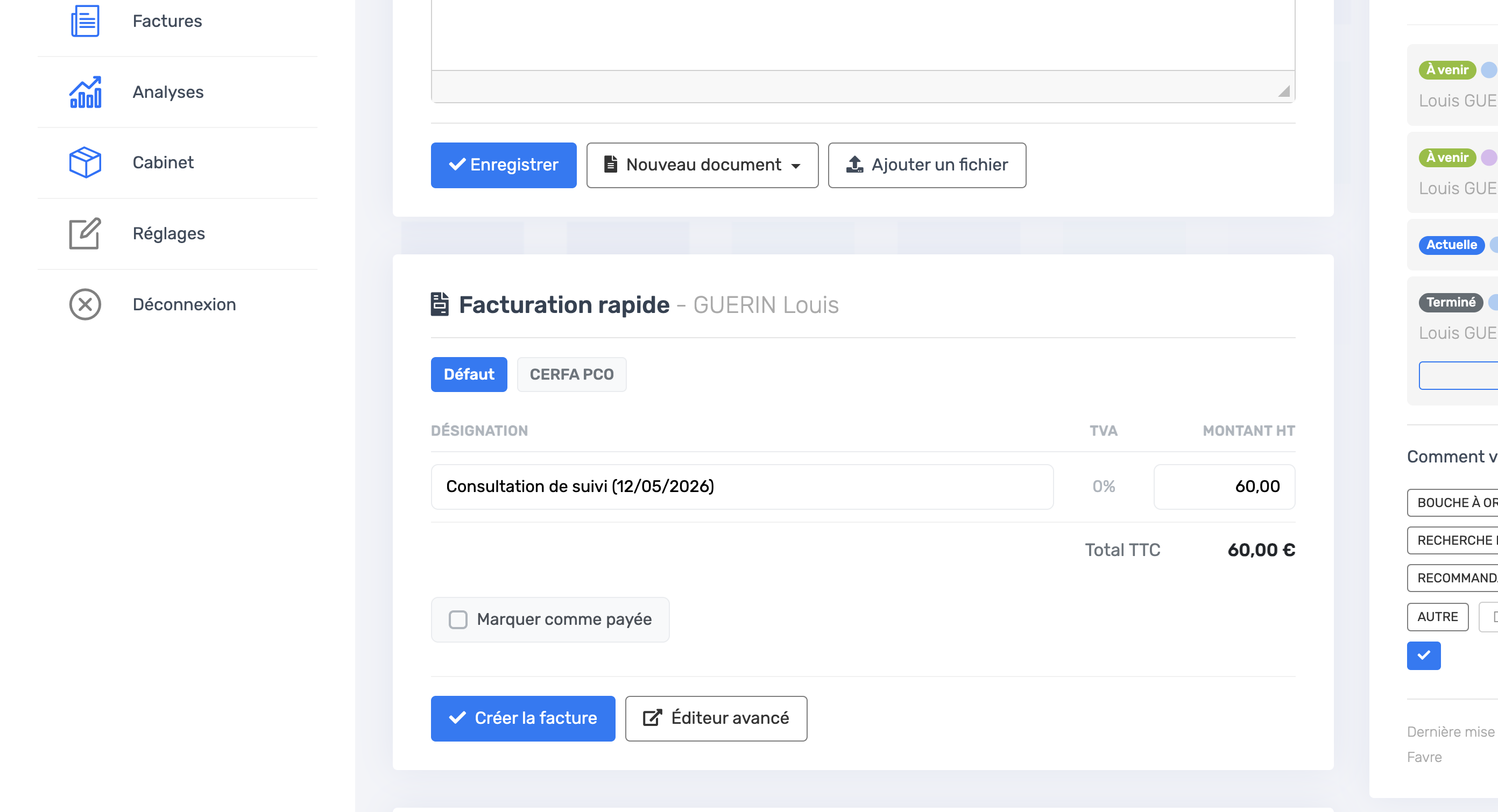 Bouton Facture dans le détail du rendez-vous depuis l'agenda