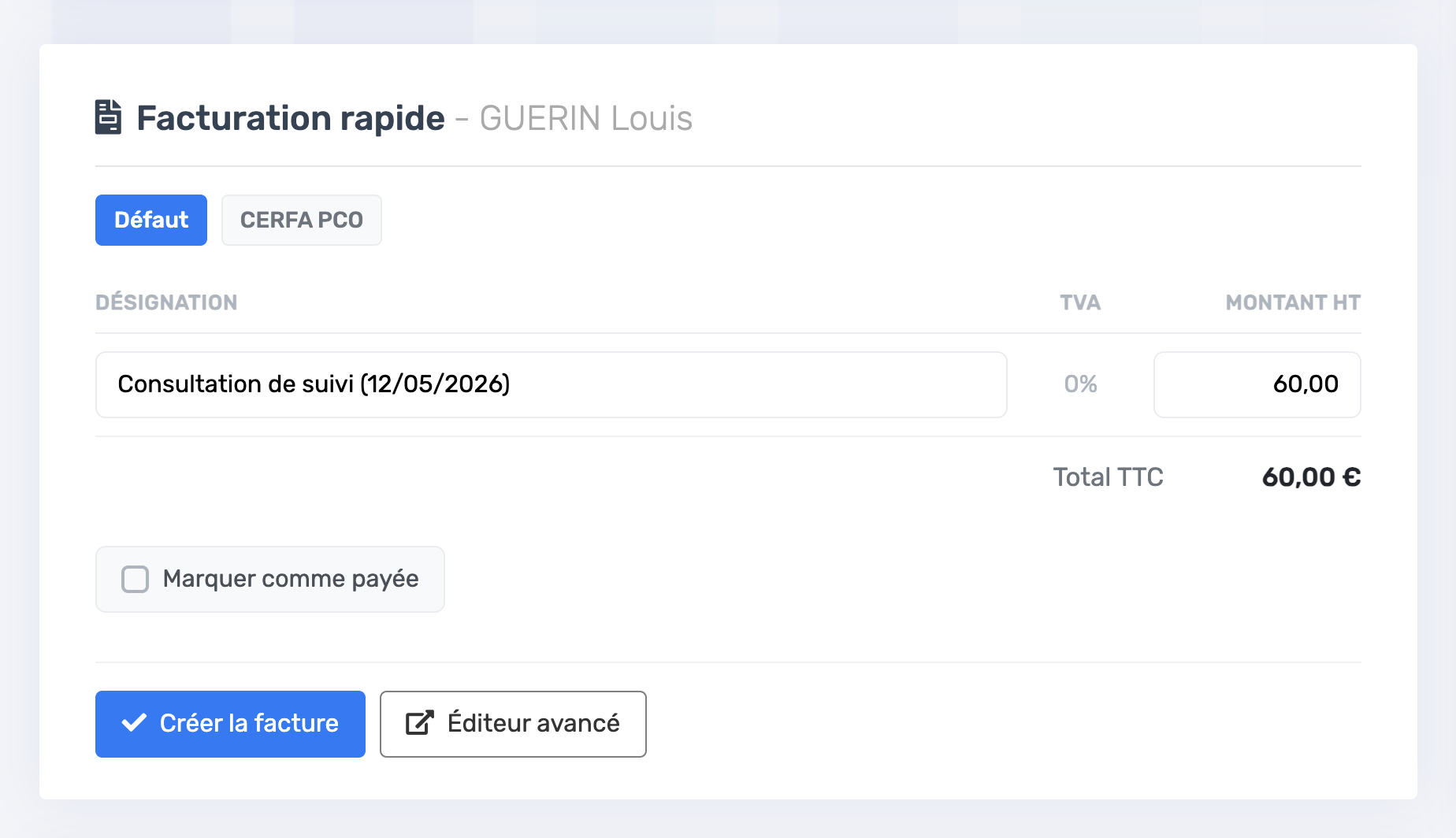 Panneau Facturation rapide sur la fiche du rendez-vous