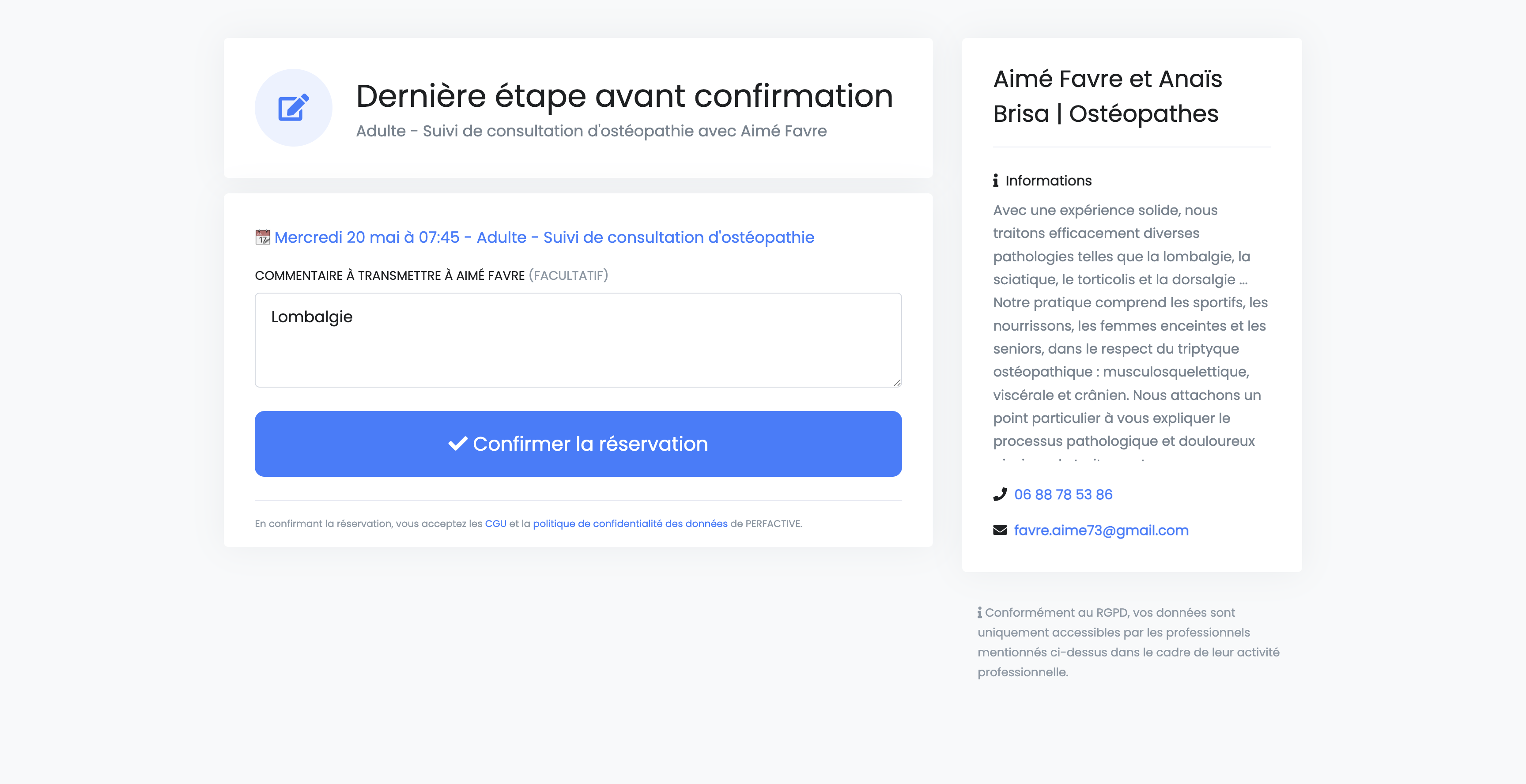Dernière étape avant confirmation avec champ commentaire et bouton Confirmer la réservation