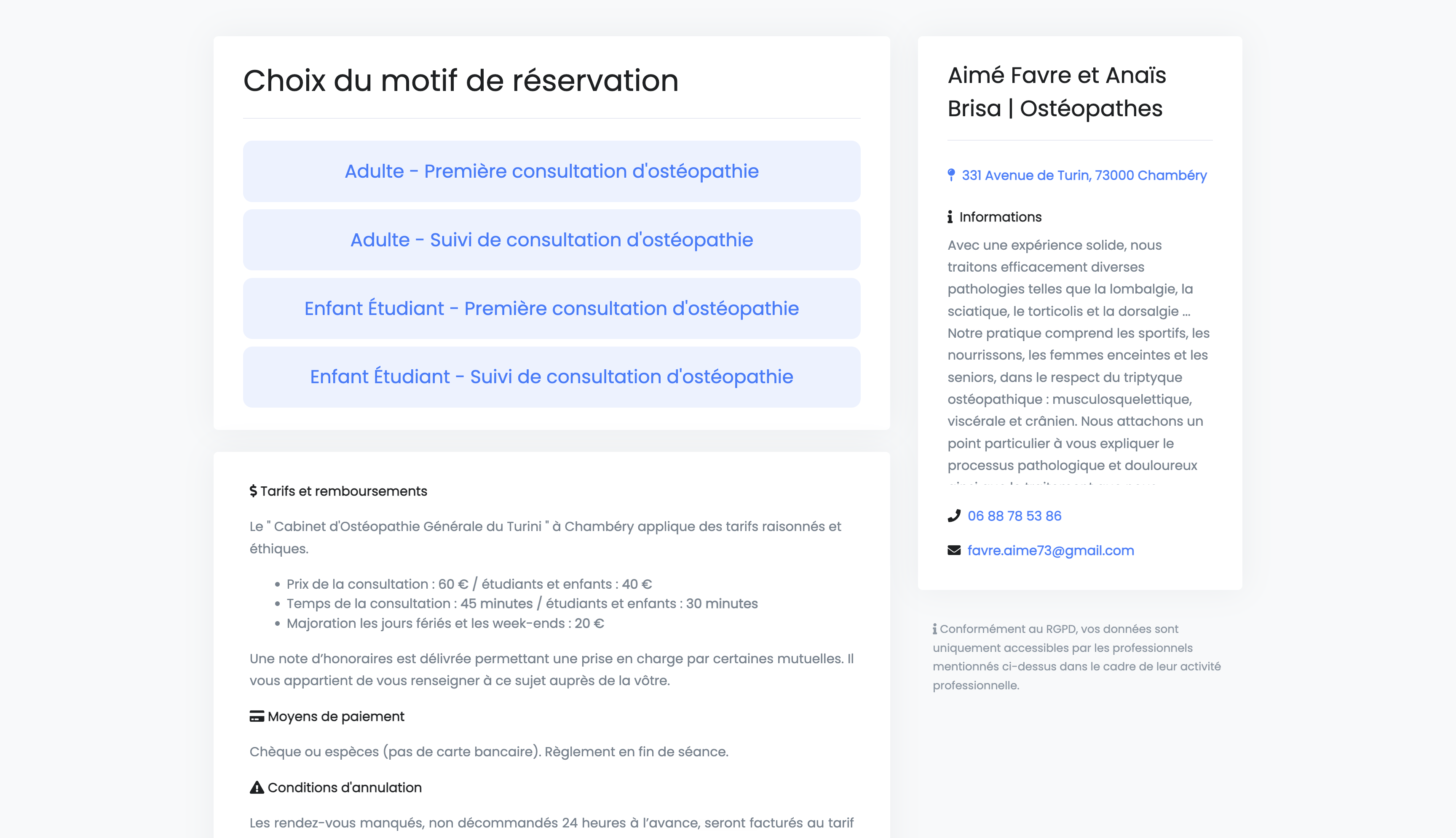 Choix du motif de réservation