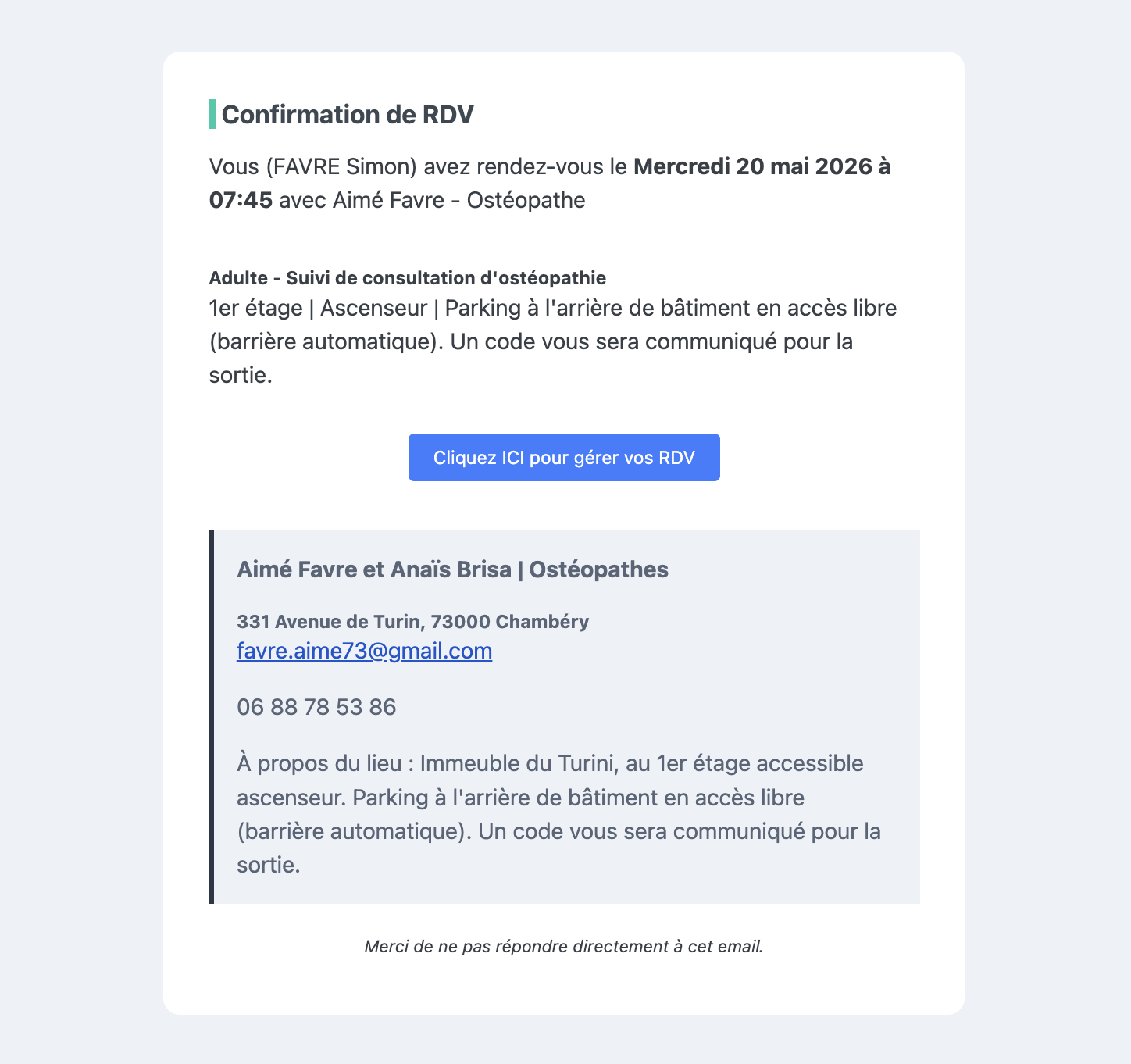 E-mail de confirmation reçu par le patient