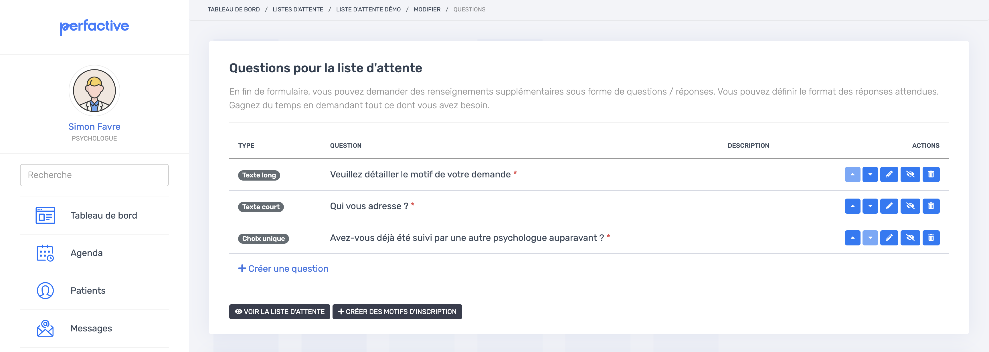 Page des questions personnalisées