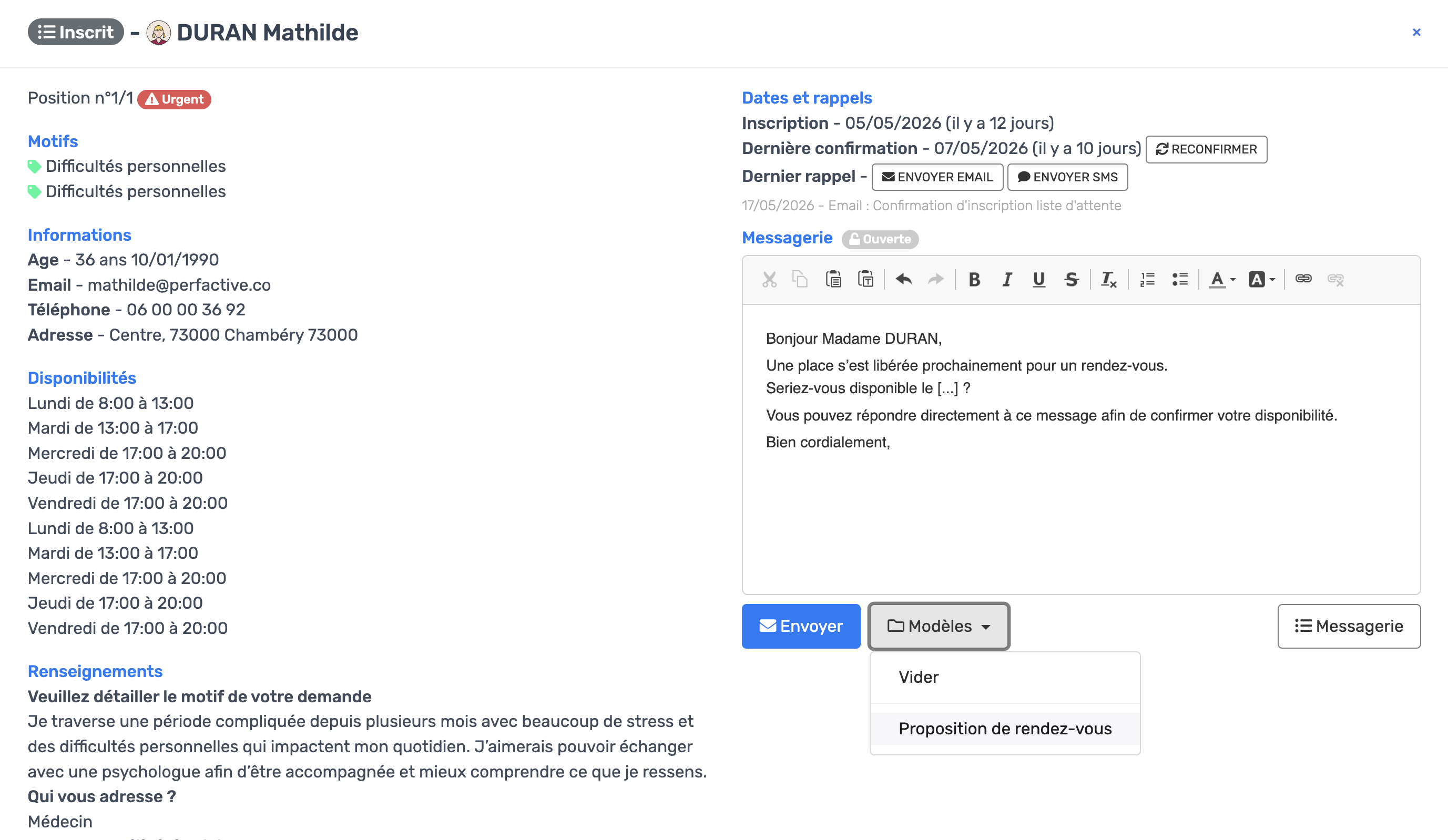 Fenêtre d'envoi de message avec sélection de modèle