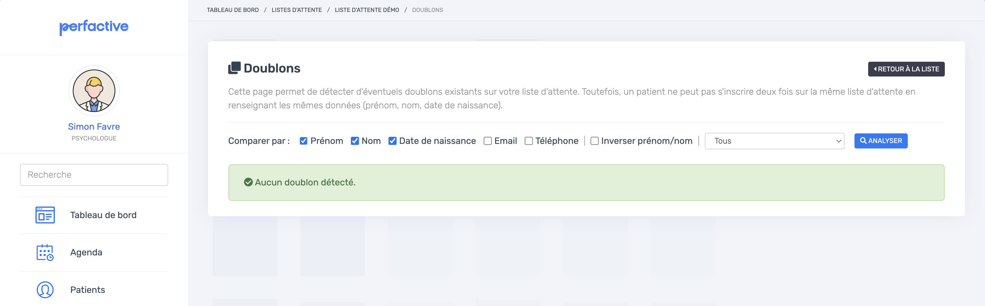 Page de détection des doublons avec critères de comparaison