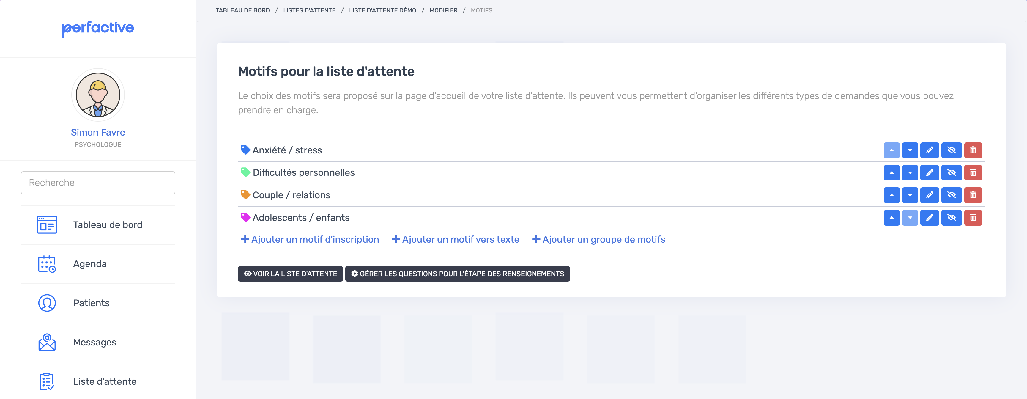 Page des pathologies sélectionnables