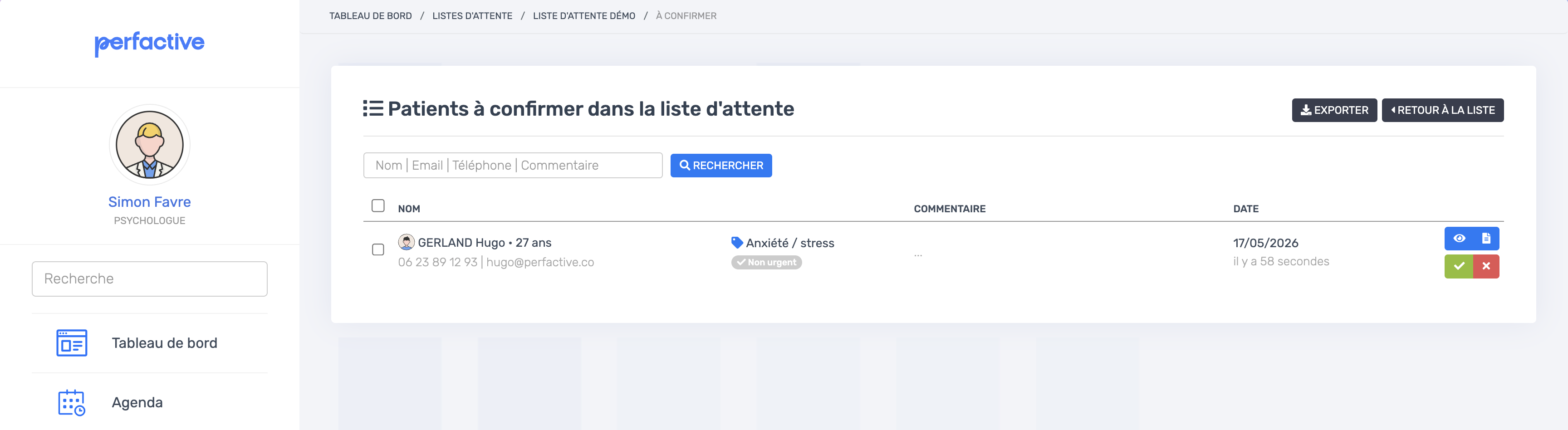 Page des patients à confirmer avec les boutons Confirmer et Refuser