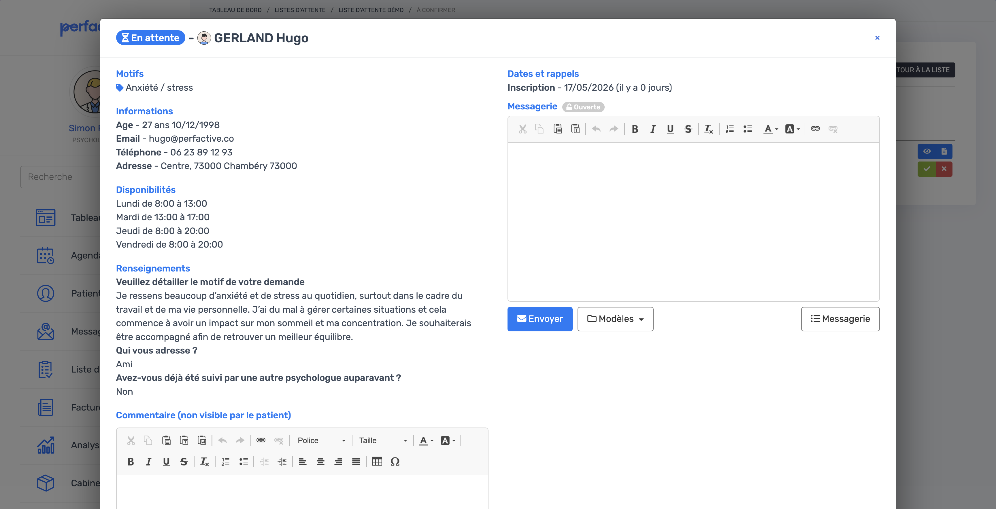 Détail d'une demande d'inscription avec informations et commentaire