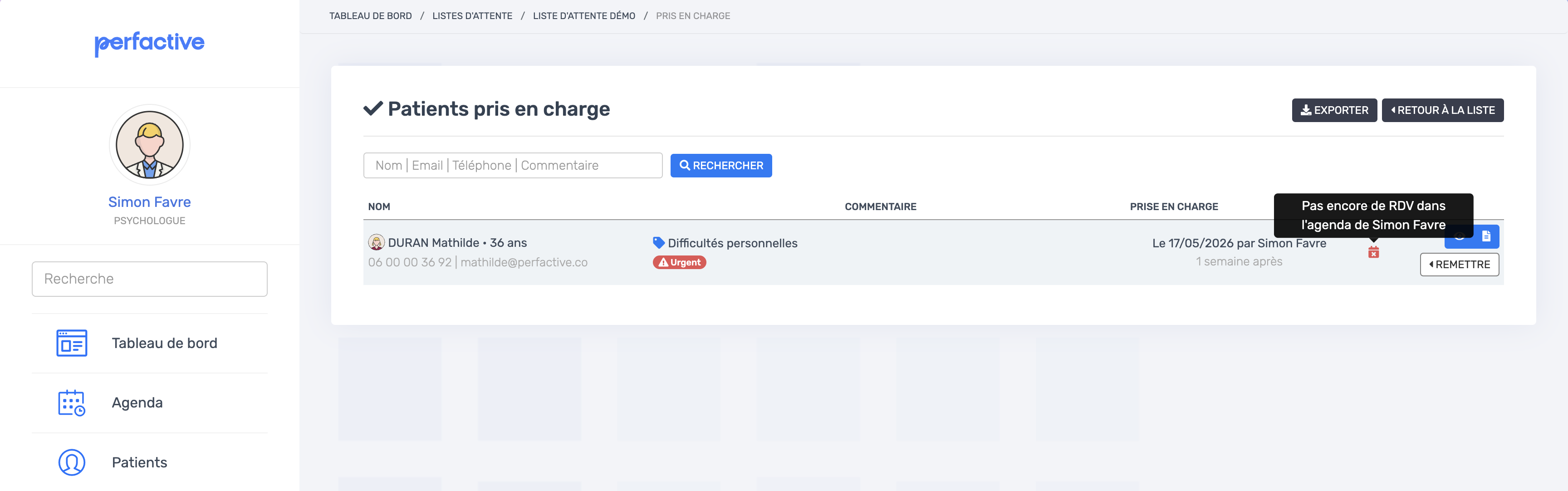 Section des patients pris en charge