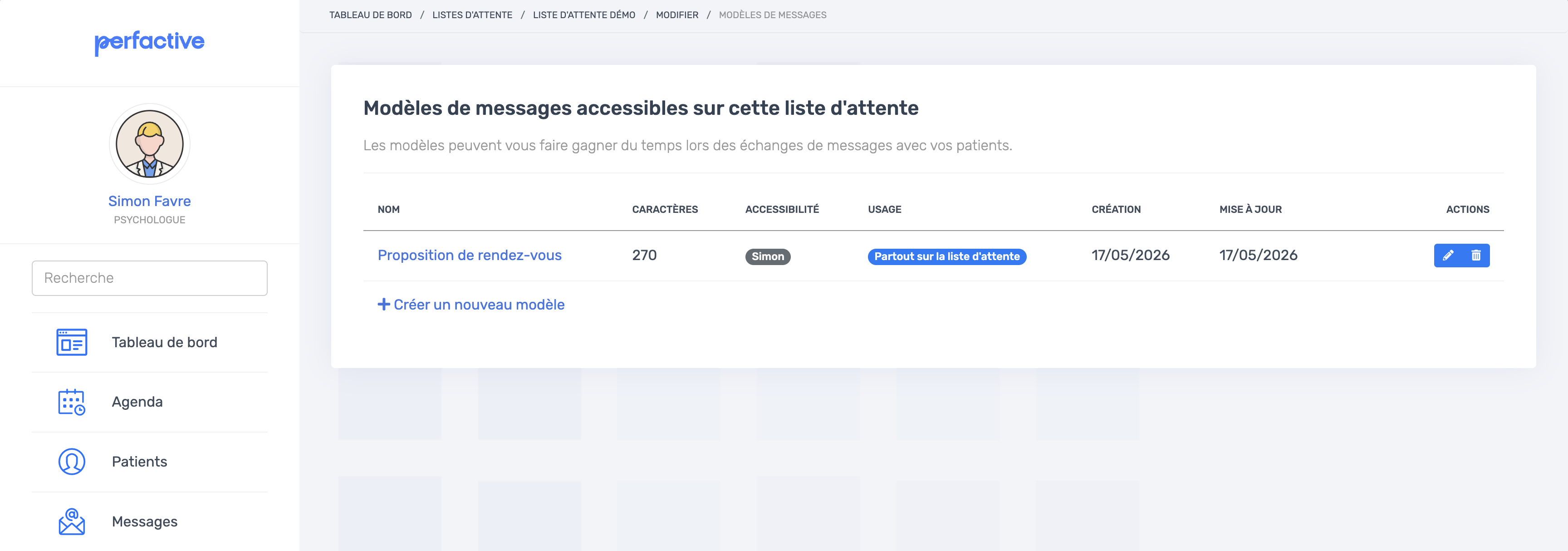 Page de gestion des modèles de messages